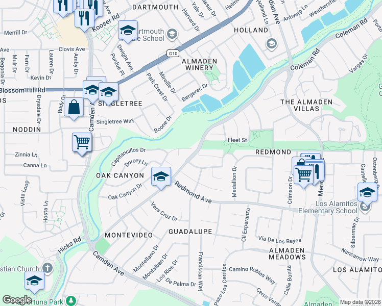 map of restaurants, bars, coffee shops, grocery stores, and more near 1485 Almaden Valley Drive in San Jose