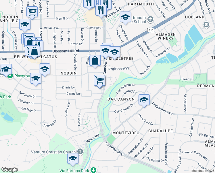 map of restaurants, bars, coffee shops, grocery stores, and more near 5837 Camden Avenue in San Jose