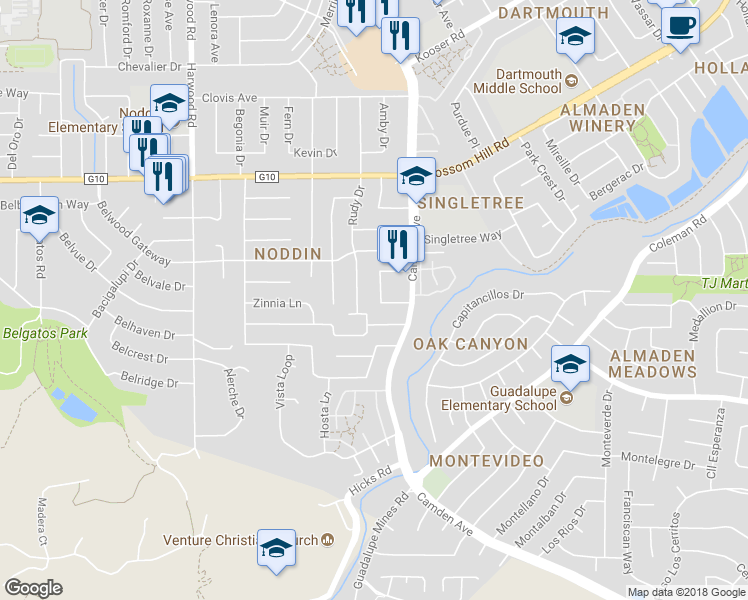 map of restaurants, bars, coffee shops, grocery stores, and more near 5749B Canna Lane in San Jose