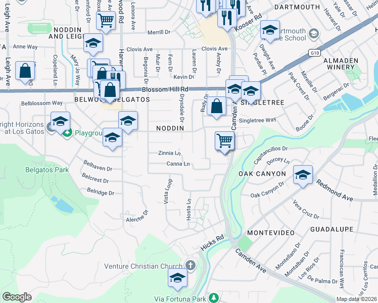 map of restaurants, bars, coffee shops, grocery stores, and more near 1675 Canna Lane in San Jose