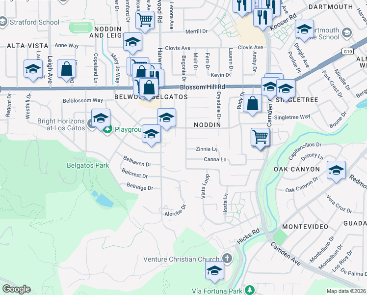 map of restaurants, bars, coffee shops, grocery stores, and more near 5789 Begonia Drive in San Jose