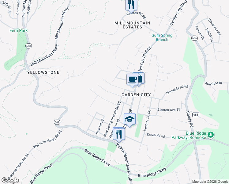 map of restaurants, bars, coffee shops, grocery stores, and more near 1119 Ethel Road Southeast in Roanoke