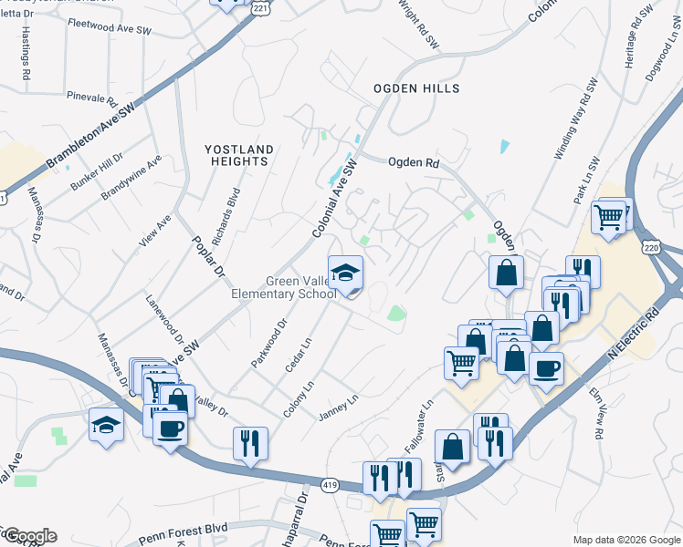 map of restaurants, bars, coffee shops, grocery stores, and more near 3571 Timberline Trail in Cave Spring