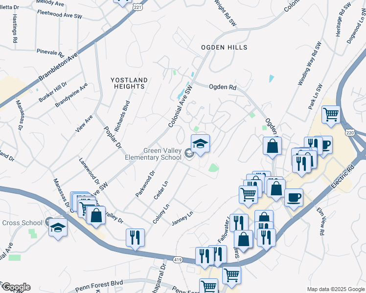 map of restaurants, bars, coffee shops, grocery stores, and more near 3571 Timberline Trail in Cave Spring