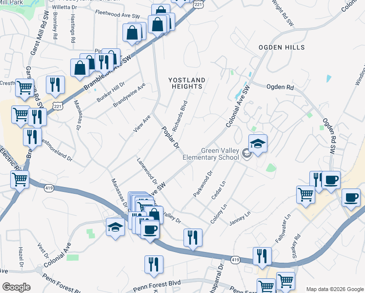 map of restaurants, bars, coffee shops, grocery stores, and more near 3607 Poplar Dr in Roanoke