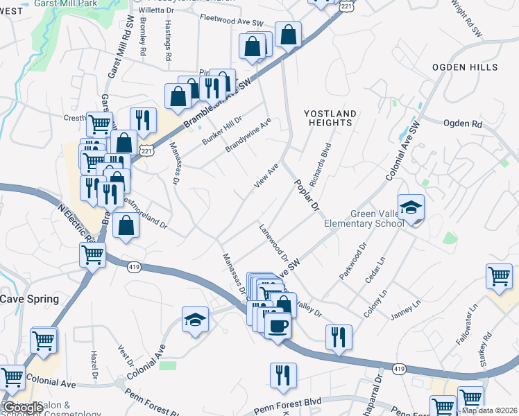 map of restaurants, bars, coffee shops, grocery stores, and more near 3536 Lanewood Drive in Cave Spring