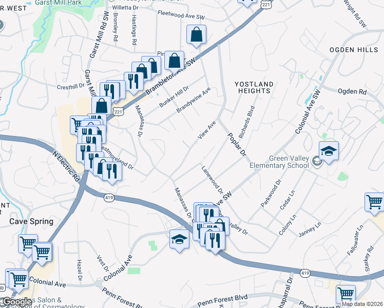 map of restaurants, bars, coffee shops, grocery stores, and more near 3709 Goodview Avenue in Roanoke