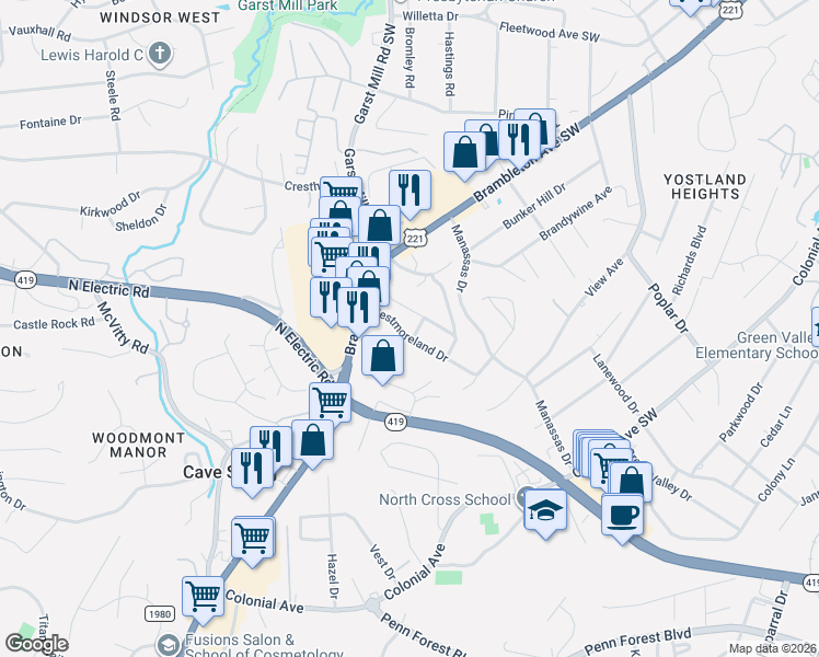 map of restaurants, bars, coffee shops, grocery stores, and more near 3411 Westmoreland Drive in Cave Spring