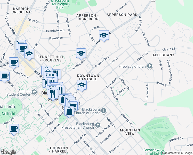 map of restaurants, bars, coffee shops, grocery stores, and more near 220 Prospect Street in Blacksburg