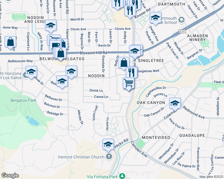 map of restaurants, bars, coffee shops, grocery stores, and more near 5774 Lilac Blossom Lane in San Jose