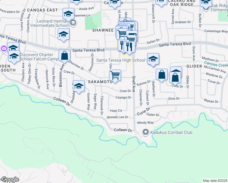 map of restaurants, bars, coffee shops, grocery stores, and more near 628 Cree Drive in San Jose