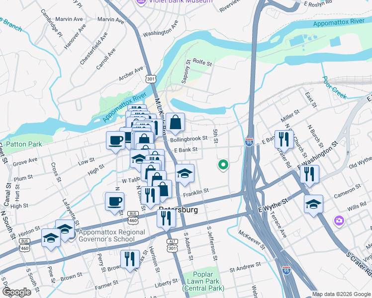 map of restaurants, bars, coffee shops, grocery stores, and more near 205 3rd Street in Petersburg
