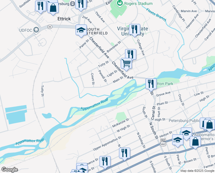 map of restaurants, bars, coffee shops, grocery stores, and more near 3401 Main Street in Petersburg