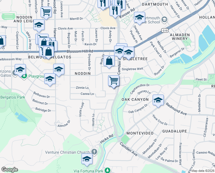 map of restaurants, bars, coffee shops, grocery stores, and more near 5749B Canna Lane in San Jose