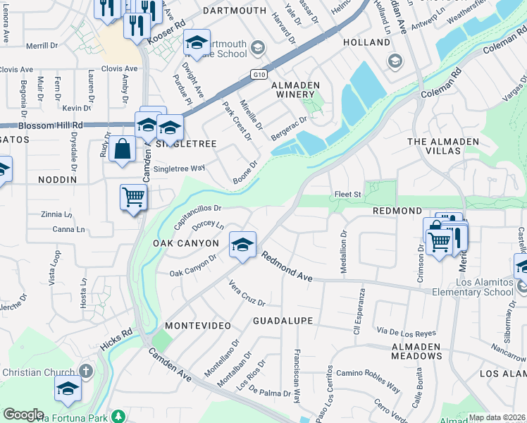 map of restaurants, bars, coffee shops, grocery stores, and more near 1456 Oak Canyon Court in San Jose