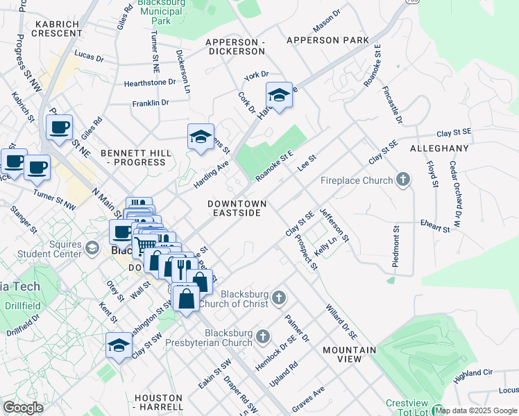 map of restaurants, bars, coffee shops, grocery stores, and more near 510 Lee Street in Blacksburg