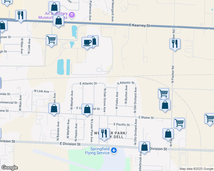 map of restaurants, bars, coffee shops, grocery stores, and more near 2553 East Atlantic Street in Springfield
