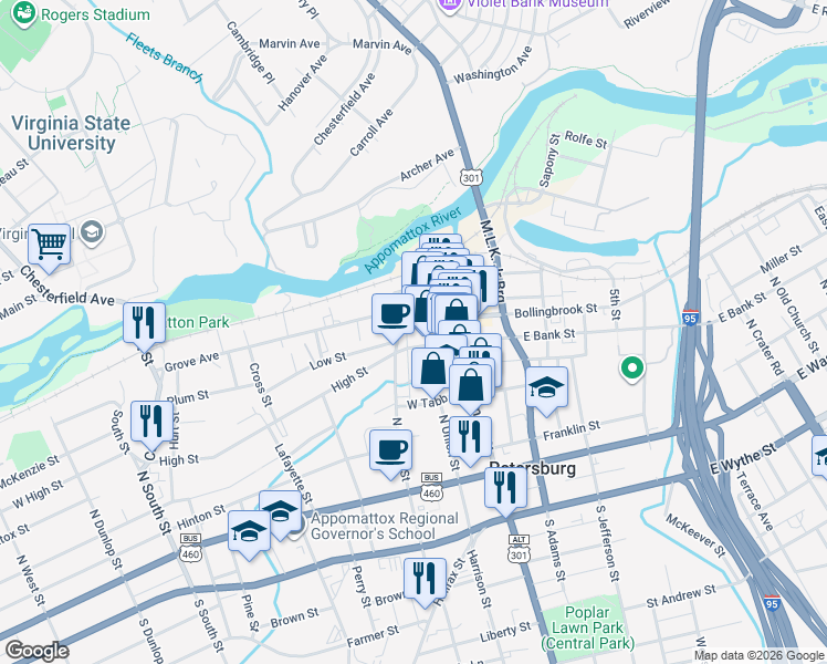 map of restaurants, bars, coffee shops, grocery stores, and more near 110 West Bank Street in Petersburg