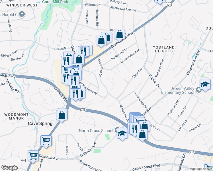 map of restaurants, bars, coffee shops, grocery stores, and more near 3440 Manassas Drive in Cave Spring
