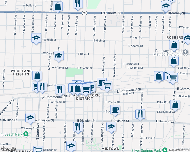 map of restaurants, bars, coffee shops, grocery stores, and more near 421E East Chase Street in Springfield