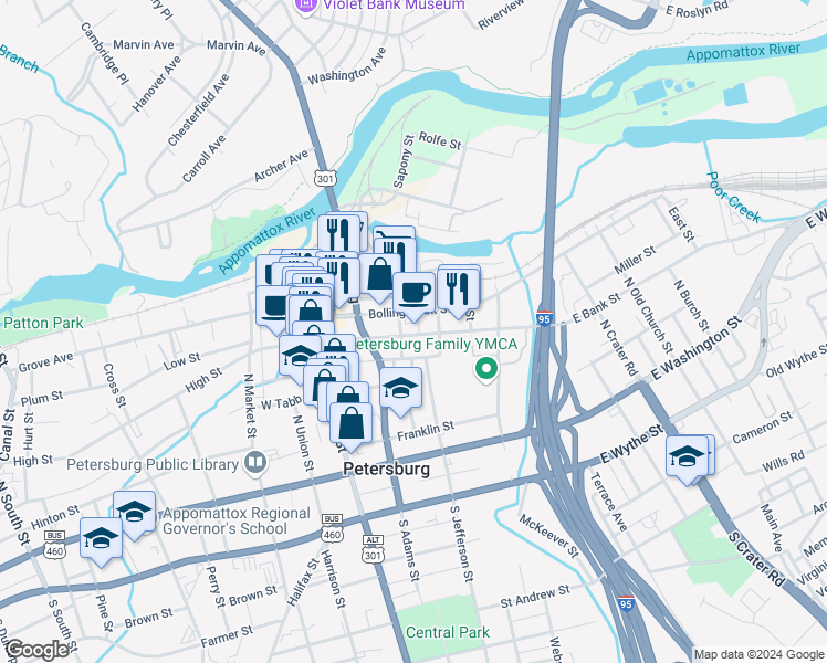map of restaurants, bars, coffee shops, grocery stores, and more near 298 3rd Street in Petersburg