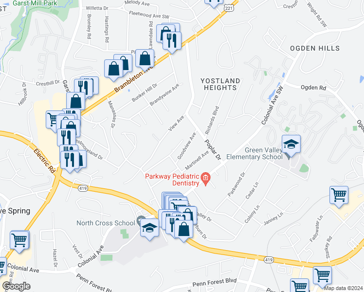 map of restaurants, bars, coffee shops, grocery stores, and more near 3642 Iredell Avenue in Cave Spring