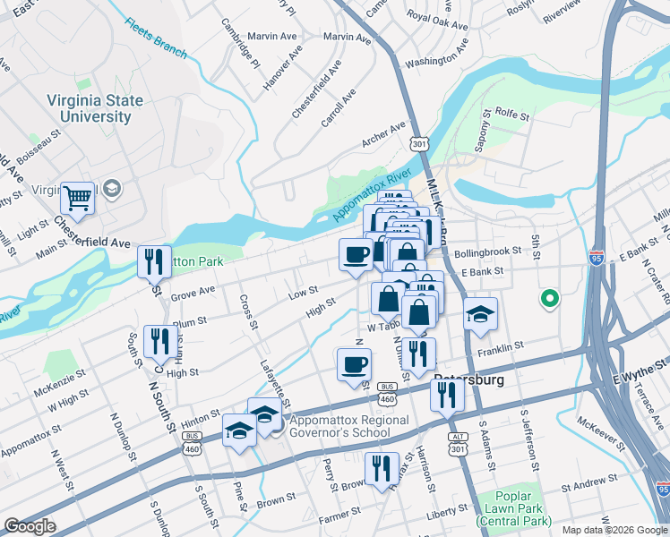 map of restaurants, bars, coffee shops, grocery stores, and more near 255 Low Street in Petersburg