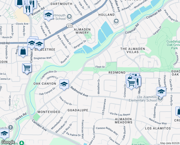 map of restaurants, bars, coffee shops, grocery stores, and more near 1459 Nesbit Court in San Jose