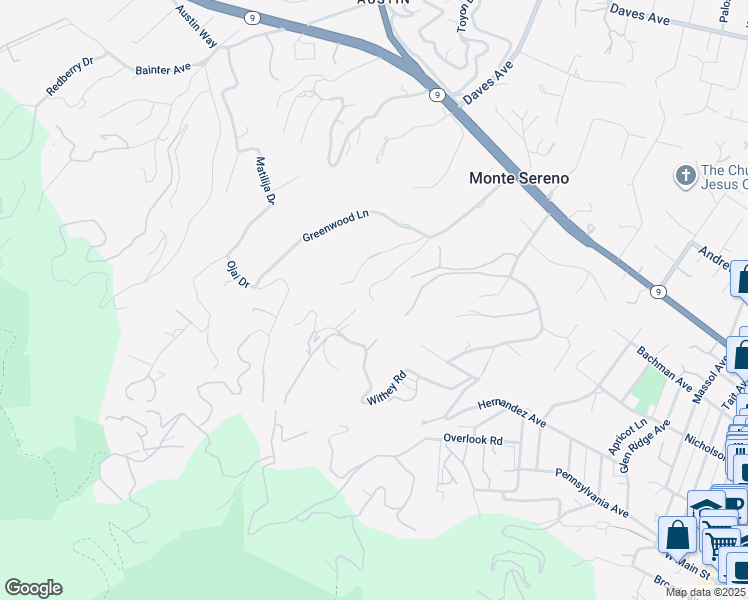 map of restaurants, bars, coffee shops, grocery stores, and more near 16220 Greenwood Road in Monte Sereno