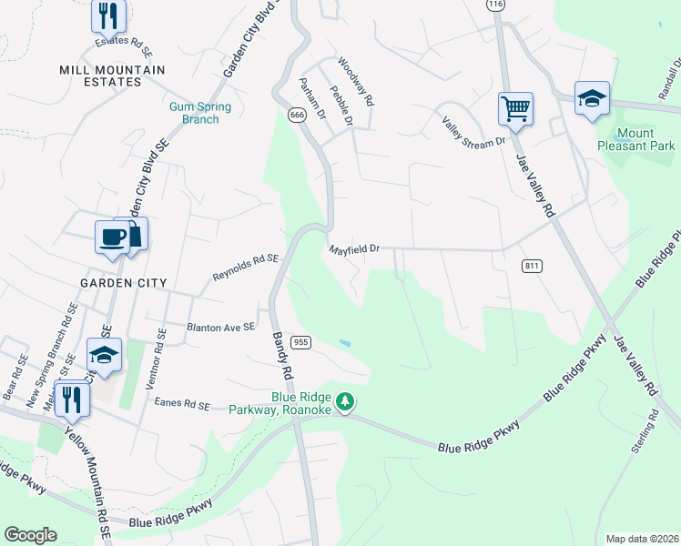 map of restaurants, bars, coffee shops, grocery stores, and more near 1701 Mayfield Drive in Roanoke