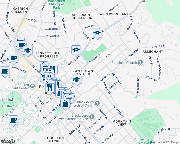 map of restaurants, bars, coffee shops, grocery stores, and more near 510 Lee Street in Blacksburg