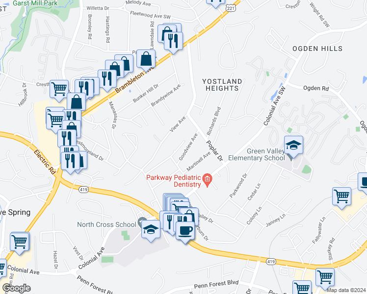 map of restaurants, bars, coffee shops, grocery stores, and more near 3642 Iredell Avenue in Cave Spring