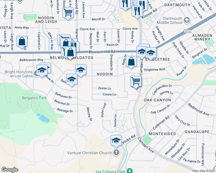 map of restaurants, bars, coffee shops, grocery stores, and more near 1683 Zinnia Lane in San Jose