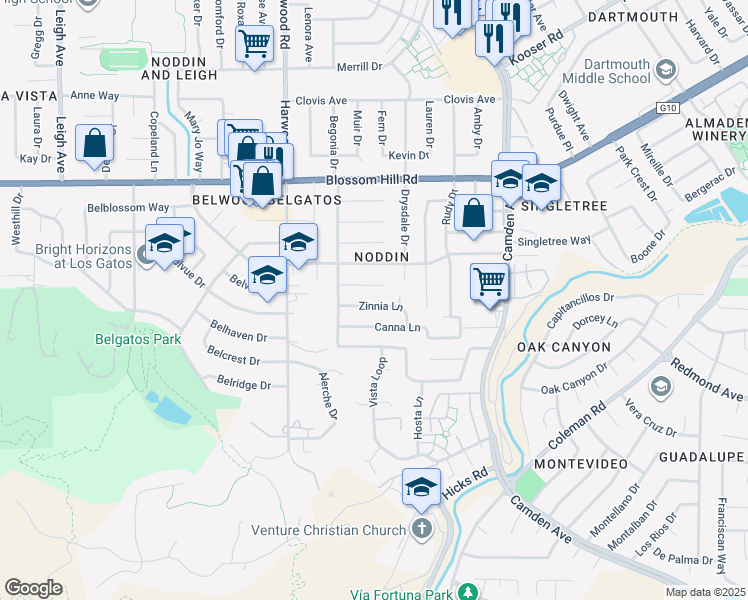 map of restaurants, bars, coffee shops, grocery stores, and more near 1699 Zinnia Lane in San Jose