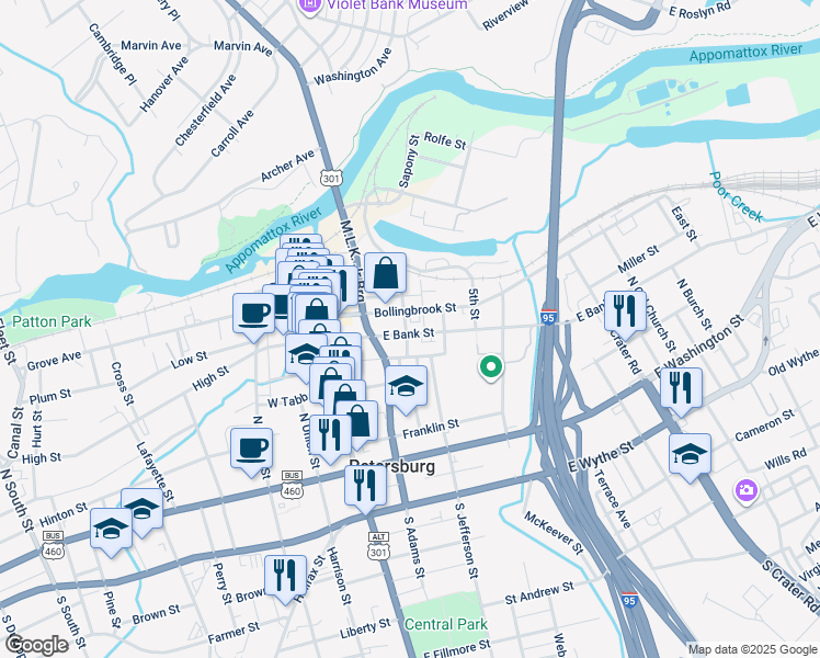 map of restaurants, bars, coffee shops, grocery stores, and more near 205 3rd Street in Petersburg