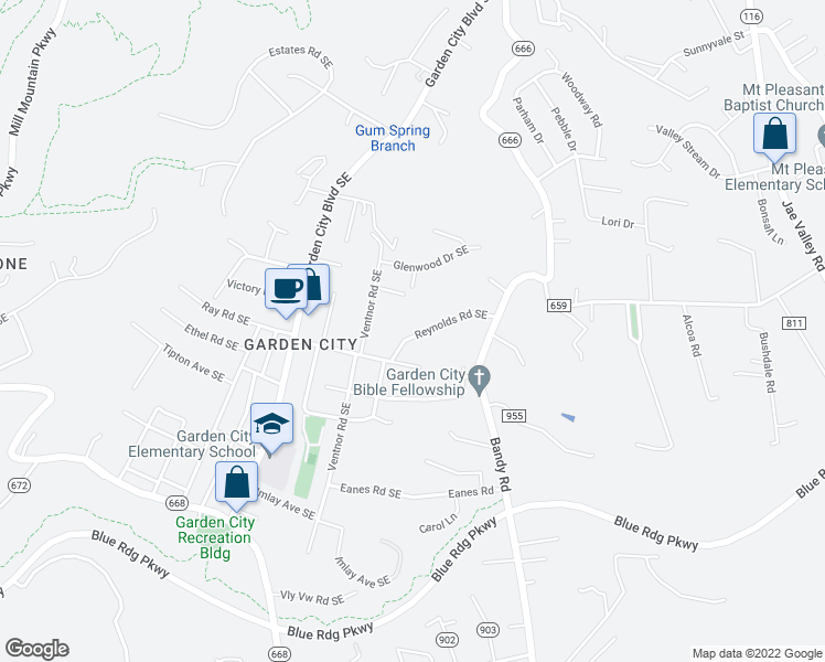 map of restaurants, bars, coffee shops, grocery stores, and more near 1501-1505 Reynolds Rd SE in Roanoke