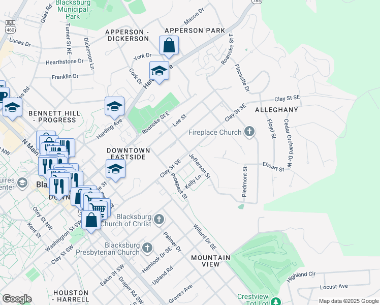 map of restaurants, bars, coffee shops, grocery stores, and more near 605 Devon Lane in Blacksburg