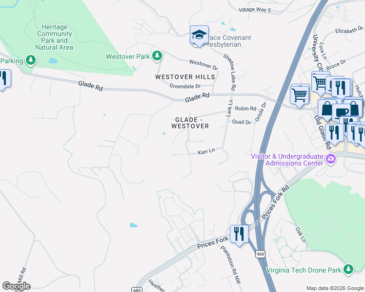 map of restaurants, bars, coffee shops, grocery stores, and more near 1503 Hardwood Drive in Blacksburg