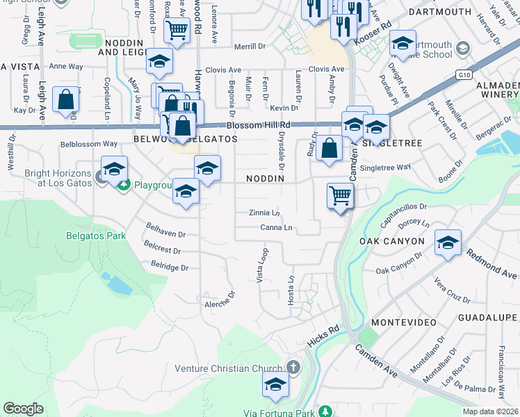 map of restaurants, bars, coffee shops, grocery stores, and more near 1699 Zinnia Lane in San Jose