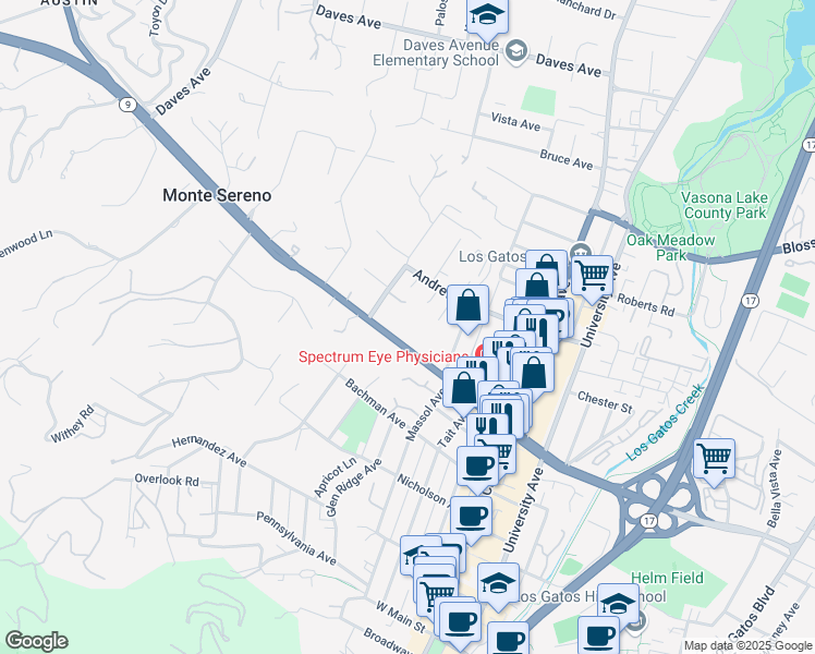 map of restaurants, bars, coffee shops, grocery stores, and more near 17973 Saratoga-Los Gatos Road in Monte Sereno