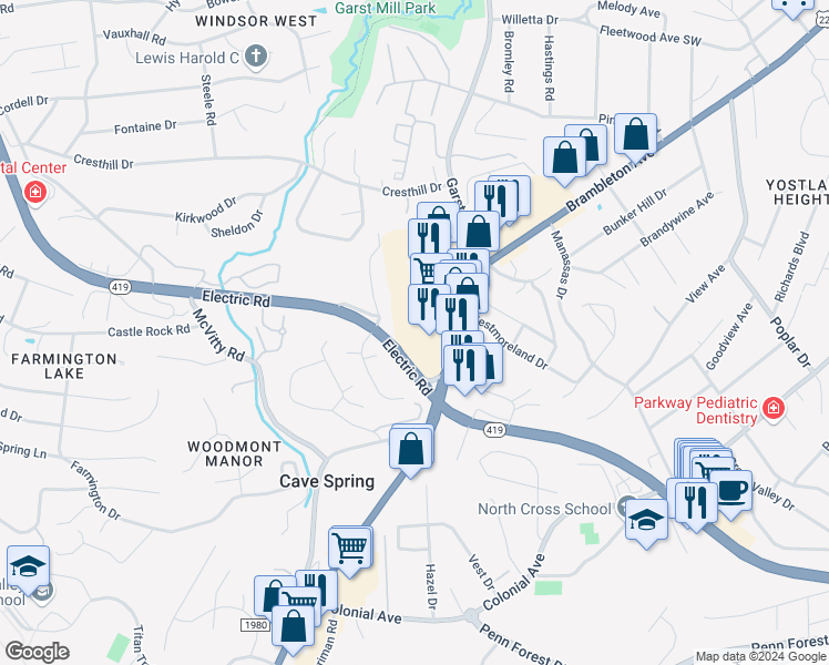 map of restaurants, bars, coffee shops, grocery stores, and more near 3521 Normandy Lane in Cave Spring
