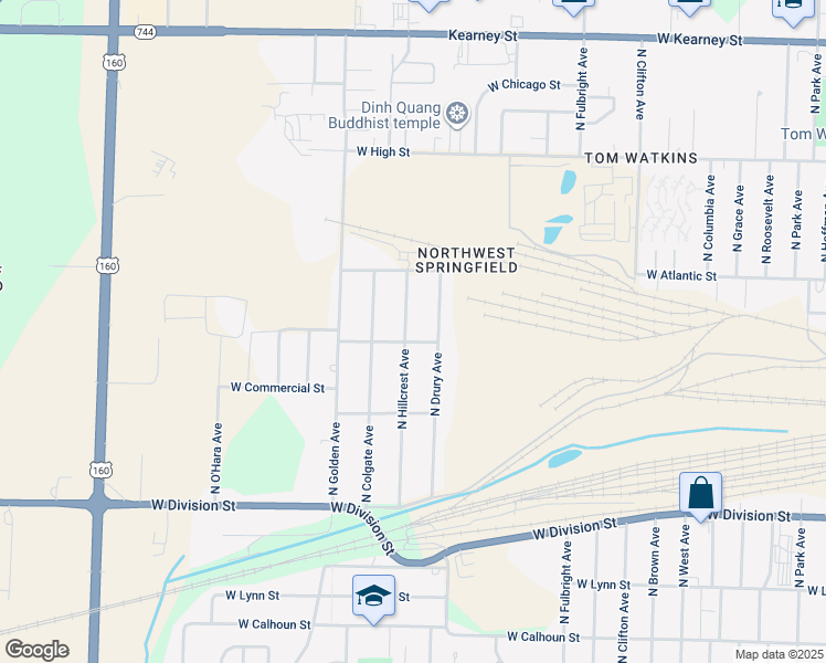 map of restaurants, bars, coffee shops, grocery stores, and more near 1838 North Hillcrest Avenue in Springfield