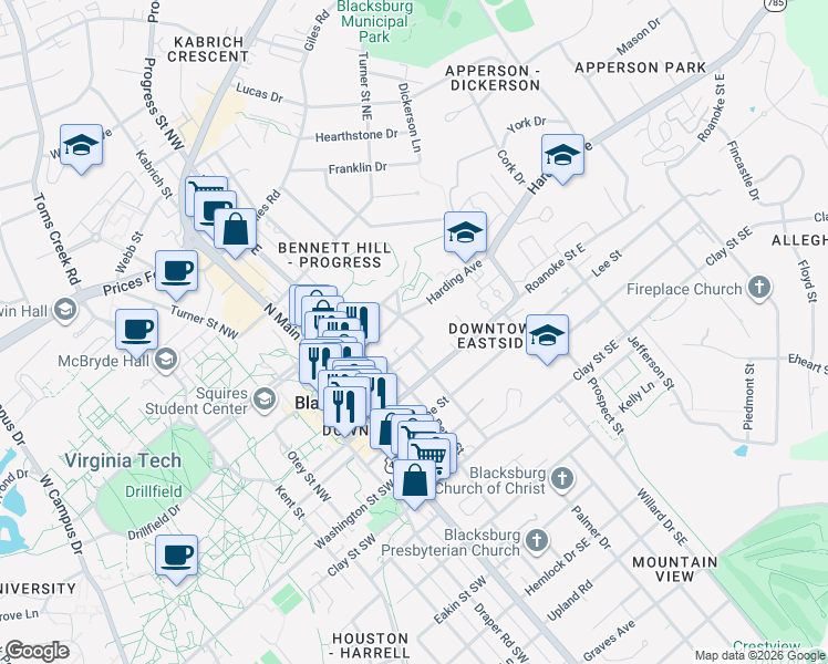 map of restaurants, bars, coffee shops, grocery stores, and more near 109 Wharton Street Northeast in Blacksburg