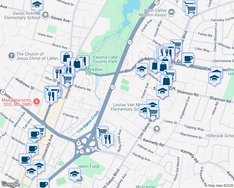 map of restaurants, bars, coffee shops, grocery stores, and more near 297 Albert Drive in Los Gatos