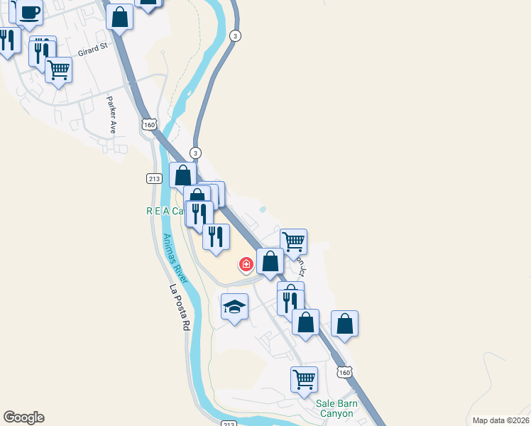 map of restaurants, bars, coffee shops, grocery stores, and more near 1140 Carbon Junction in Durango