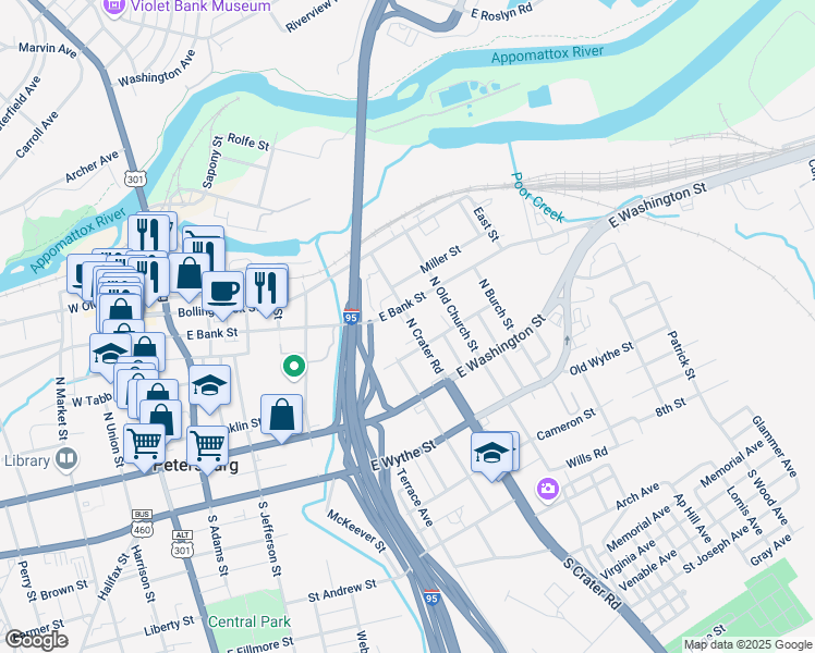 map of restaurants, bars, coffee shops, grocery stores, and more near 120 North Crater Road in Petersburg