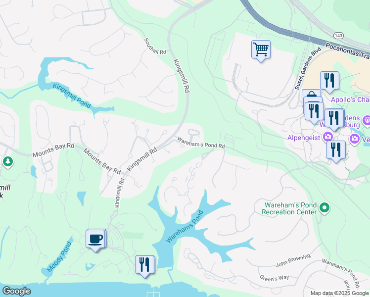 map of restaurants, bars, coffee shops, grocery stores, and more near 256 Littletown Quarter in Williamsburg
