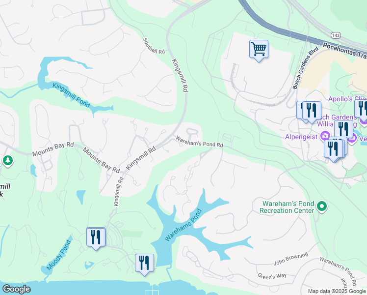 map of restaurants, bars, coffee shops, grocery stores, and more near 256 Littletown Quarter in Williamsburg