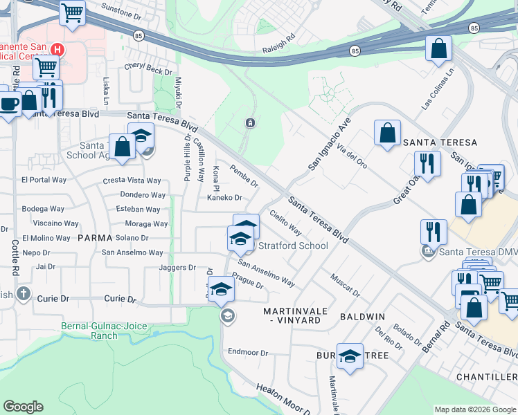 map of restaurants, bars, coffee shops, grocery stores, and more near 6419 San Ignacio Avenue in San Jose