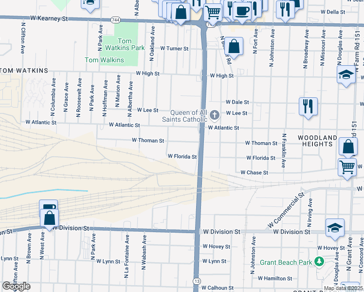 map of restaurants, bars, coffee shops, grocery stores, and more near 1717 West Thoman Street in Springfield